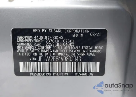 2021 Subaru Wrx Sti from USA, damaged, VIN JF1VA2E64M9802943